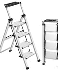 4 Step Aluminum Folding Ladder With Retractable Handgrip Lightweight Yet Sturdy For Reaching High Shelves 330 Pound Capacity Ideal For Home DIY Projects Garage Kitchen And Workshop, folded and open
