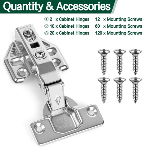 Top Shelf Full Overlay Kitchen Cabinet Door Hinges 10 Pack 105 Degree Frameless Concealed Soft Close Adjustable Mounting Hardware For Older Homes No Sweat Quick Swap Install detailed view with two cabinet hinges and screws.