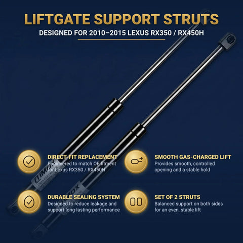 Lexus RX 350 RX 450h Liftgate Struts 2010-2015 With Power Gate, Rear Hatch Lift Supports, product features infographic