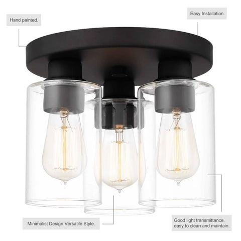 Modern Farmhouse 3 Light Flush Mount Ceiling Light Fixture With Clear Glass Shade In Dark Bronze Finish For Hallway Entryway Passway Bedroom Garage Kitchen Balcony Living Room, showing bulbs and glass shade close-up.