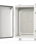Rugged Outdoor IP67 Junction Box Waterproof Electrical Enclosure in tough ABS plastic with mounting plate, wall brackets, and hinged gray cover.