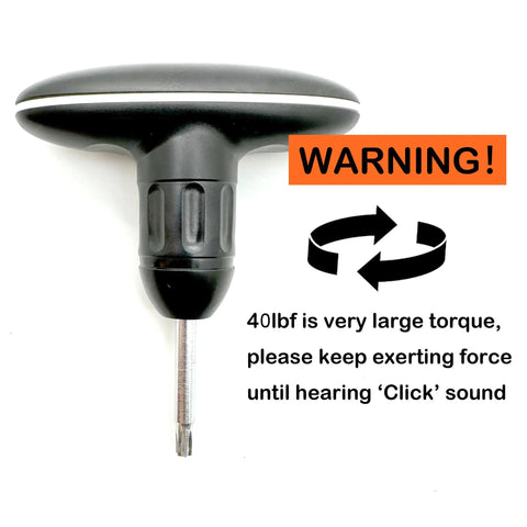 40 Lb Golf Torque Wrench With Audible Click For Driver, Fairway, And Hybrid Heads, Adapter Sleeve, Weight Adjustment, Easy Install, Pro Grade Head Torque warning graphic