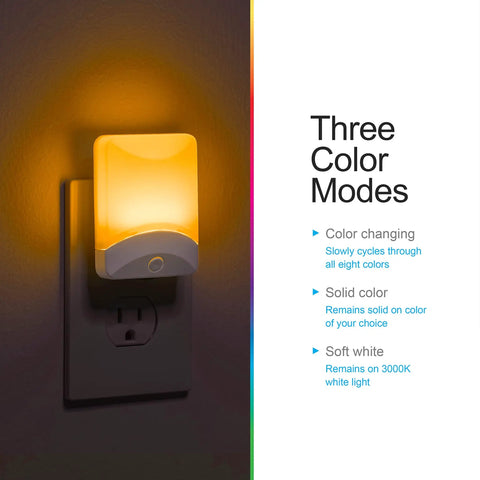 Color Changing LED Night Light With Dusk To Dawn Sensor Plug In Wall Light For Kids Bedroom Chill Vibe Home Decor 8 Color Options Solid Or Color Cycle Modes Perfect For Hallways And Bathrooms 1 Pack showing three color modes.