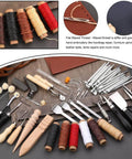 Leather crafting tool set with assorted metal tools, colorful waxed thread spools, and storage bag
