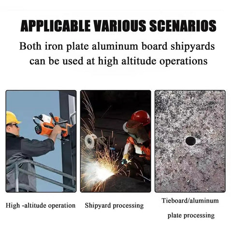 Image showing various high-altitude and shipyard operations using a Huge 1200 Watt Magnetic Drill Press for tough metal work.