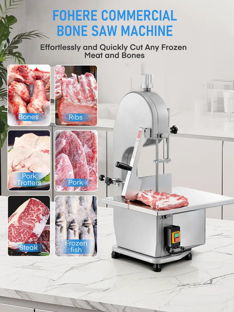 Beefy 1500W Meat And Bone Bandsaw With ETL Approved, stainless steel worktable, cutting frozen meat ribs and bones