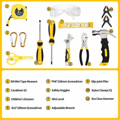 14 Piece Kids Hand Tool Set With Storage Bag For Home DIY Projects Real Tools With Kid Friendly Rubber Handles Safe Learning Tool Kit For Boys And Girls Perfect Starter Garage Kit including mini tape measure, pliers, hammer, and screws displayed.