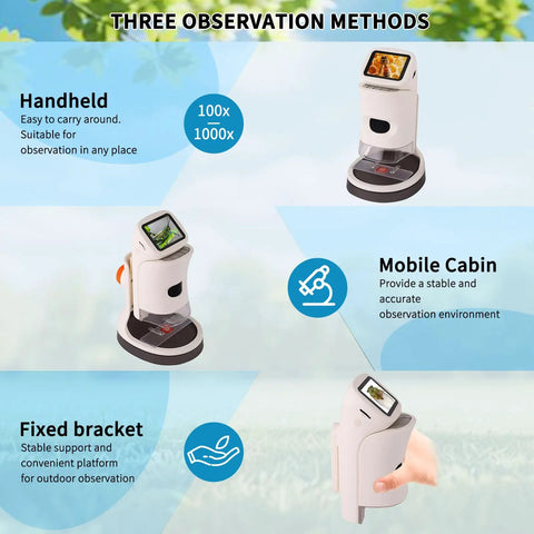 Kid Friendly Digital Microscope With Four Magnification Levels 100x, 400x, 700x, 1000x, 1080P 2 Inch HD Screen, Photo And Video Capture, USB Rechargeable, Ideal Science Toy For Curious Kids Aged 8 To 12 handheld and docked views