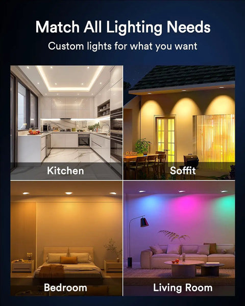 Lumary Gimbal Smart Recessed Lighting 6 Inch w/Remote, RGBWW WiFi Can Light showcased in kitchen, bedroom, soffit, and living room.