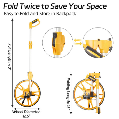 Foldable 12 Inch Metric Measuring Wheel With High Accuracy Counter Up To 10,000 M Built For The Jobsite Great For Construction, Survey, Roadwork And Landscaping Includes Carrying Bag Durable And Easy to Use, folded handle and 12.5-inch wheel