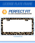 Cheetah Leopard License Plate Frame Stainless Steel Dope Car Decor With Screws Non Blocking Fits Standard US Size 12.3 By 6.3 Inches Brown Finish Animal Pattern License Plate Holder, showing front view and dimensions