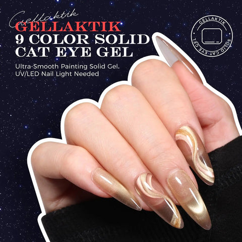 Close-up of hand with Nine Color Cat Eye Gel Polish Set With Magnetic Nail Kit Dope Holographic Shimmer Gel manicure.