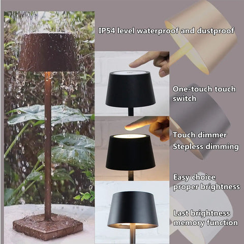 Must Have Rechargeable LED Desk Lamp Cordless With Touch Dimming 360 Degree Lighting Lightweight Aluminum Gold Finish Outdoor Ready Table Light For Indoor And Outdoor Use in rain showing touch dimming feature outdoors