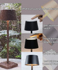 Rechargeable Cordless LED Desk Lamp with lightweight aluminum body, showing waterproof feature and dimming options.