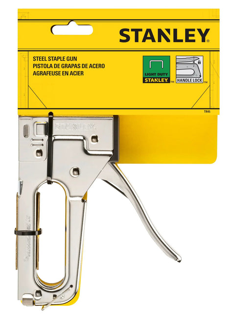 TR-45 Light-Duty Staple Gun For Home, Office, And Classroom Use in packaging with silver finish and yellow label