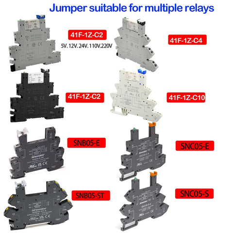 General Purpose Electromagnetic Relay Jumper Set For Socket HF41F-1Z-C2 shown with compatible relay modules from various angles.