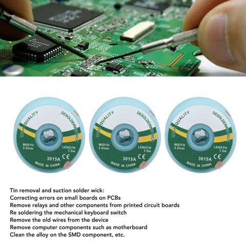 High Efficiency Solder Wick Desoldering Braid With Copper Alloy For Quick Solder Removal 3mm By 1.5m, shown with circuit board repair