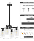 Four Light Black Farmhouse Chandelier With Adjustable Height Pendant Lighting For Dining Rooms featuring geometric iron frames, height adjustments, and glass globes.