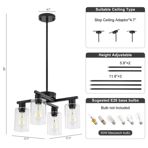Four Light Black Farmhouse Chandelier With Adjustable Height Pendant Lighting For Dining Rooms featuring geometric iron frames, height adjustments, and glass globes.