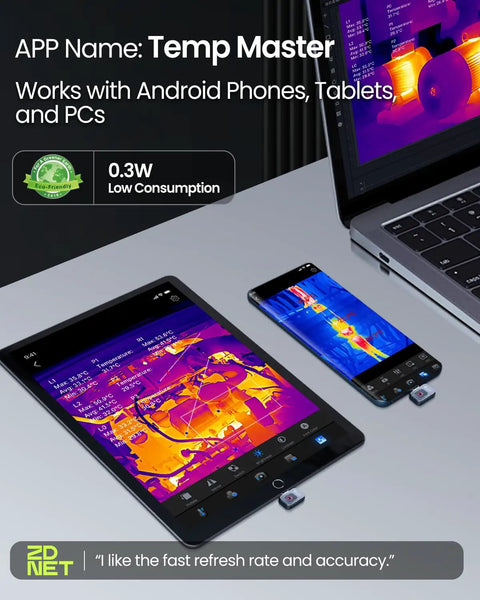 Android Thermal Camera With 512x384 IR Resolution displayed on tablet and phone.