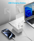 Top Shelf Universal Travel Plug Adapter With Six Ac Outlets And Four Usb Ports Including Two Usbc Fast Chargers And A Neatly Wrapped Three Foot Cord For Easy Packing And No Stress Global Travel, charging multiple devices.