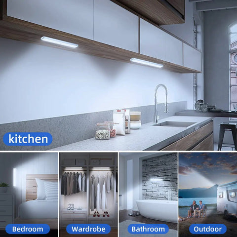 Super Handy Rechargeable Dimmable Motion Sensor Led Lights For Under Cabinet And Step Lighting showcasing kitchen and other uses