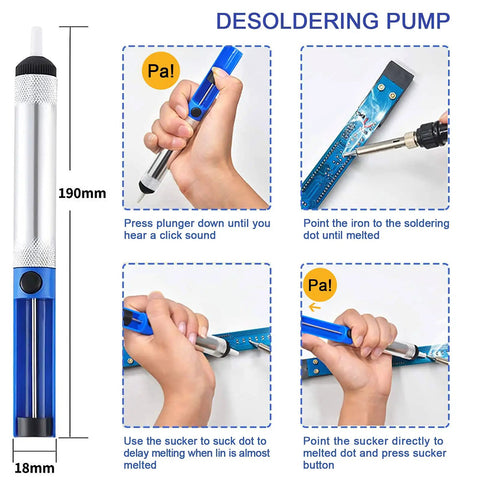 Instructions for using desoldering pump with images of hand-held tool, highlighting steps to remove solder from circuits