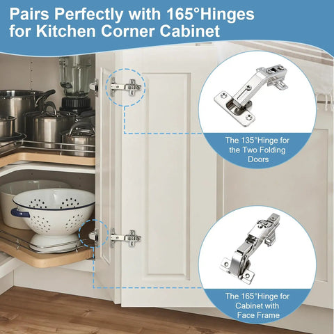 Slick Self Closing Corner Cabinet Hinges For Lazy Susan Doors With Smooth Zero Slam Soft Close Action Easy Install, showing 165° hinges.