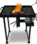 Beginner Friendly Coal Forge Stand With Fire Pot And Hand Blower Blacksmith Forge Starter Kit in use with flames visible.