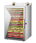 Heavy Duty Commercial Food Dehydrator 18 Trays Stainless Steel Snack Dryer with fruits drying in transparent door.