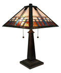 Cool Tiffany Style Table Lamp With Stained Glass Shade Geometric Mission Night Light Blue White Brown Glass 23 Inch Tall Vintage Lamp
