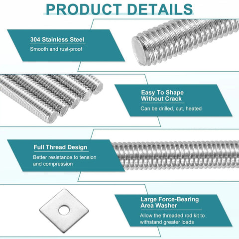 Close-up of 5 Pack M4 X 100mm Fully Threaded Rods In 304 Stainless Steel With Nuts And Washers for versatile hardware use.