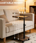 Slim C Shaped End Table With Adjustable Height And 360 Degree Swivel Mobile Laptop Desk And TV Tray On Wheels beside sofa