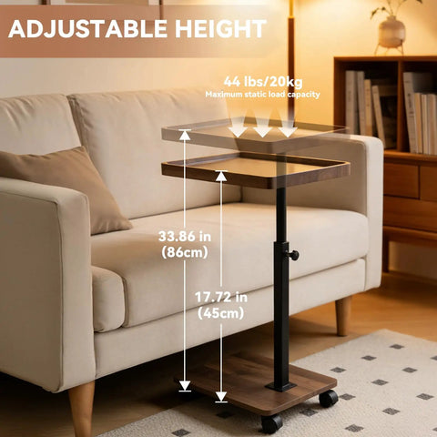 Slim C Shaped End Table With Adjustable Height And 360 Degree Swivel Mobile Laptop Desk And TV Tray On Wheels beside sofa