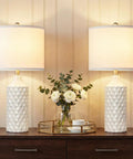 Set Of 2 Dope Ceramic Table Lamps With White Linen Shade 3 Way Dimmable Bedside Lamps For Bedroom Living Room Office Farmhouse Style Nightstand Or End Table Lighting Bulbs Included on wooden table with flowers