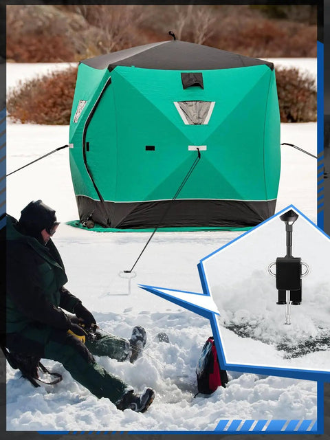 Universal Ice Anchor Tool Kit For Ice Fishing Shelters, Drill Adapter For 1/2 Inch And 1/4 Inch Bits, setup on frozen lake