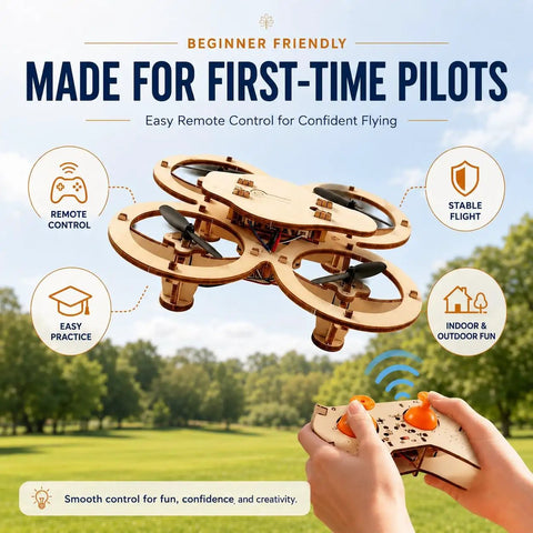 Wooden Drone Building Kit For Adults Snap Together No Glue Remote Control Quadcopters in flight with remote control.