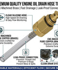 Clear silicone oil drain hose with CNC-machined brass fitting for Oil Change Kit With Filter Wrench, Drain Hose, And Threaded Funnel For Toyota And Lexus 2.0L To 5.7L Engines, Quick Clean Oil Changes, Hassle Free Filter Replacement Bundle.