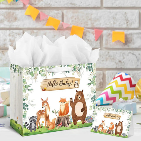 13 Inch Large Baby Gift Bag With Handle In Sage Green, Kid Friendly Woodland Animals Design, Includes Tissue Paper And Greeting Card, Perfect For Baby Shower Or Birthday Gift Wrap