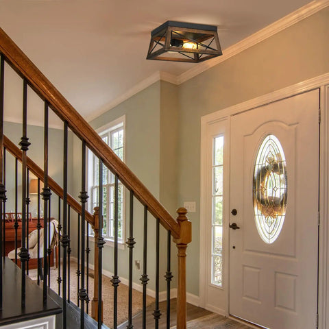 Industrial Flush Mount Ceiling Light With Two Metal Fixtures in entryway, vintage farmhouse style, silver grey finish visible