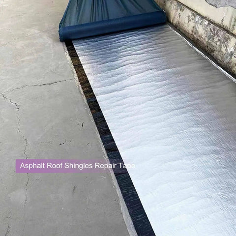 Heavy Duty Self Sealing Asphalt Repair Tape With Aluminum Foil Roof Protector Roll For Gutters And Surface Cracks Waterproof Bitumen Patch Sealant providing a close-up view of tape application on a surface.