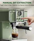 Top Notch Semi Automatic Espresso Maker With Built In Milk Steamer And 20 Bar Pressure, manual extraction in vintage green, brewing espresso.