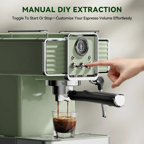 Top Notch Semi Automatic Espresso Maker With Built In Milk Steamer And 20 Bar Pressure, manual extraction in vintage green, brewing espresso.