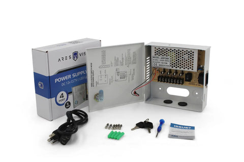 4 Channel 12V DC Power Supply Box With Individually Fused Ports Delivering 5 Amps Per Channel For CCTV, LED And All 12V DC Devices Heavy Duty Commercial Grade Enclosure Includes Screwdrivers And Extra Fuses with packaging and accessories.