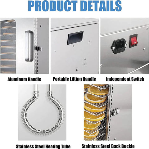 Detailed view of Straight Up Reliable Commercial Food Dehydrator With 12 Slick Trays showing handles and stainless steel heating tube.