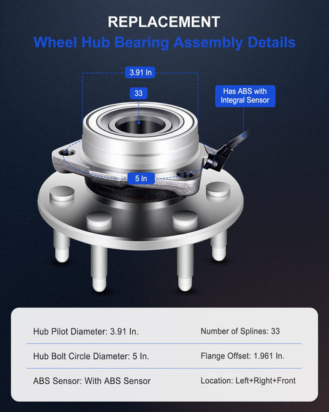 Beefed Up Front Wheel Hub And Bearing Assembly 515036 Compatible With Silverado 1500 Sierra 1500 Tahoe Escalade 4WD 6 Lug ABS.
