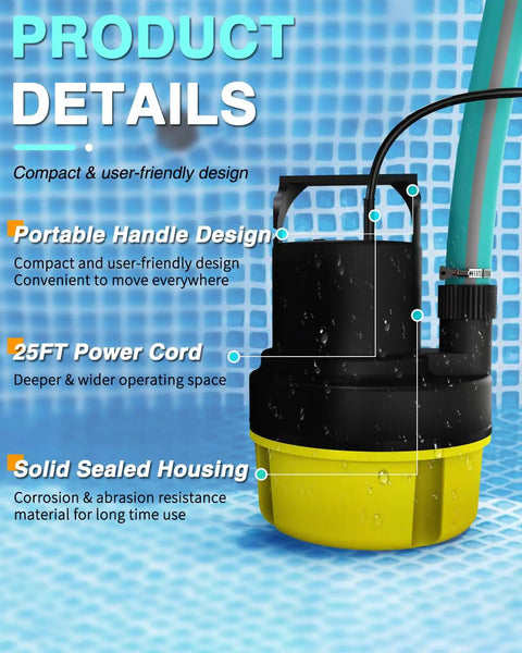 Beefy 1 HP Submersible Sump Pump, 3200 GPH Portable Utility Water Pump with 25 Ft Cord, shown in pool setup