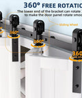 52 Inch Barn Door Track Sliding Kit With Side Mounted Black Rollers For Bifold Doors Up To 400 Lbs Smooth And Quiet Operation Easy Install Beefy Heavy Duty Hardware For Four Doors Door Not Included showing side view with 360-degree rotating wheels on a steel track.