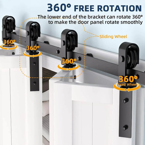 52 Inch Barn Door Track Sliding Kit With Side Mounted Black Rollers For Bifold Doors Up To 400 Lbs Smooth And Quiet Operation Easy Install Beefy Heavy Duty Hardware For Four Doors Door Not Included showing side view with 360-degree rotating wheels on a steel track.