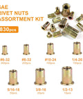 SAE rivet nut assortment kit, 830pcs; galvanized carbon steel flat-head threaded insert nuts in sizes #6-32 to 1/2-13